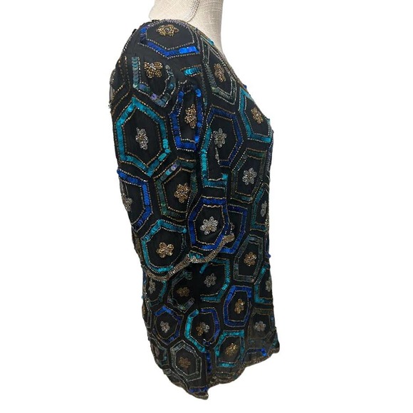 Vtg Black Blue Gold Geometric Silk Beaded Sequin Evening Blouse Top Scalloped - Picture 3 of 5